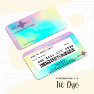 Duas cartas de identificação coloridas com padrão tie-dye e informações diversas.