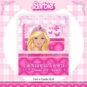 Design digital de cartão rosa com personagem feminina e texto Cartão SUS Personalizado.