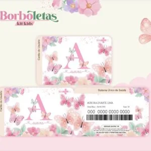 Cartão Sus Borboletas - Arquivo Digital 25 Cartões de saúde personalizados decorados com ilustrações de borboletas e flores em tons pastéis.
