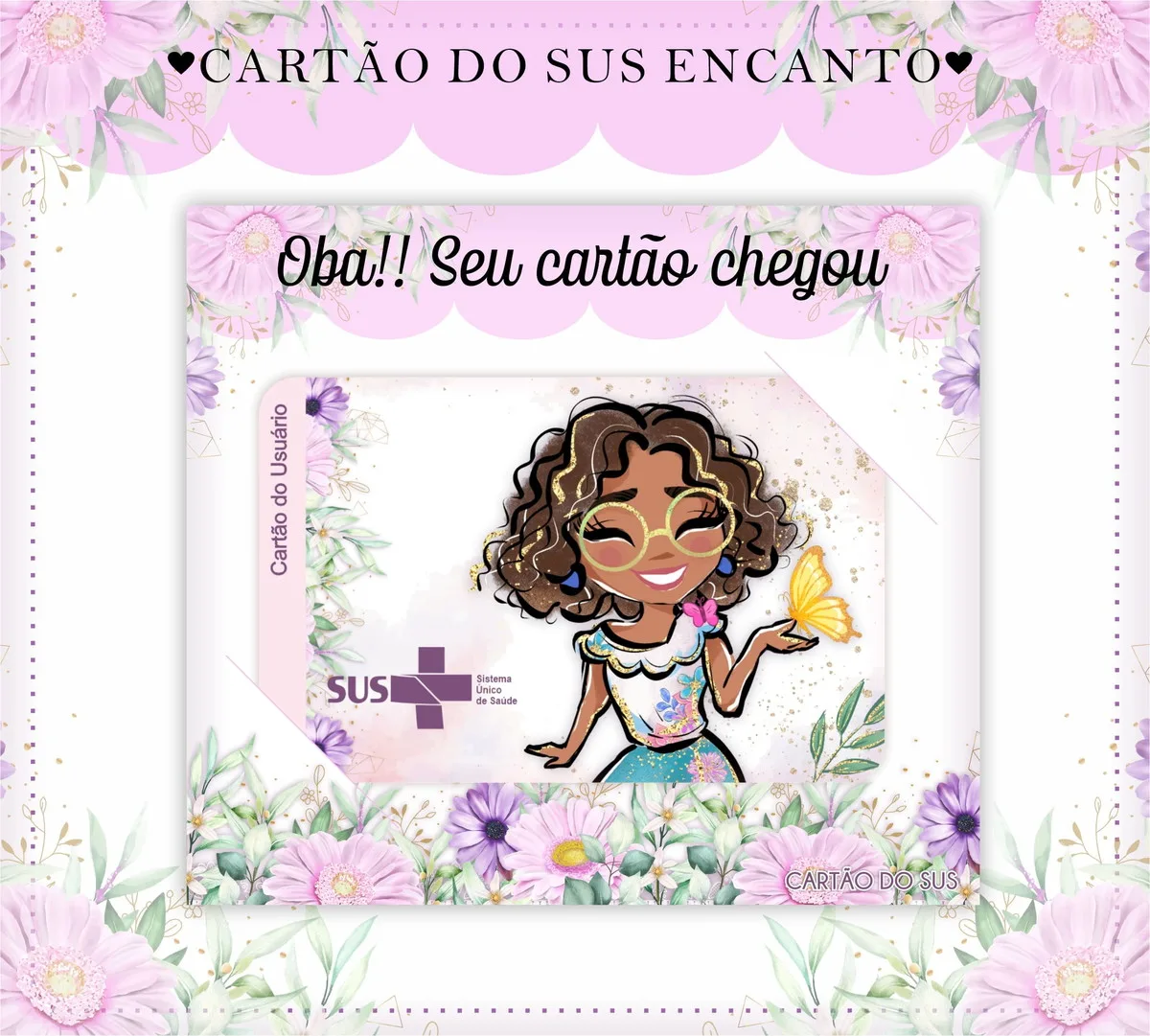 Cartão personalizado com ilustração de menina de óculos e flores em tons lilás.