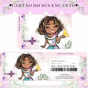Cartão do sistema de saúde personalizado com ilustração de menina e flores roxas.