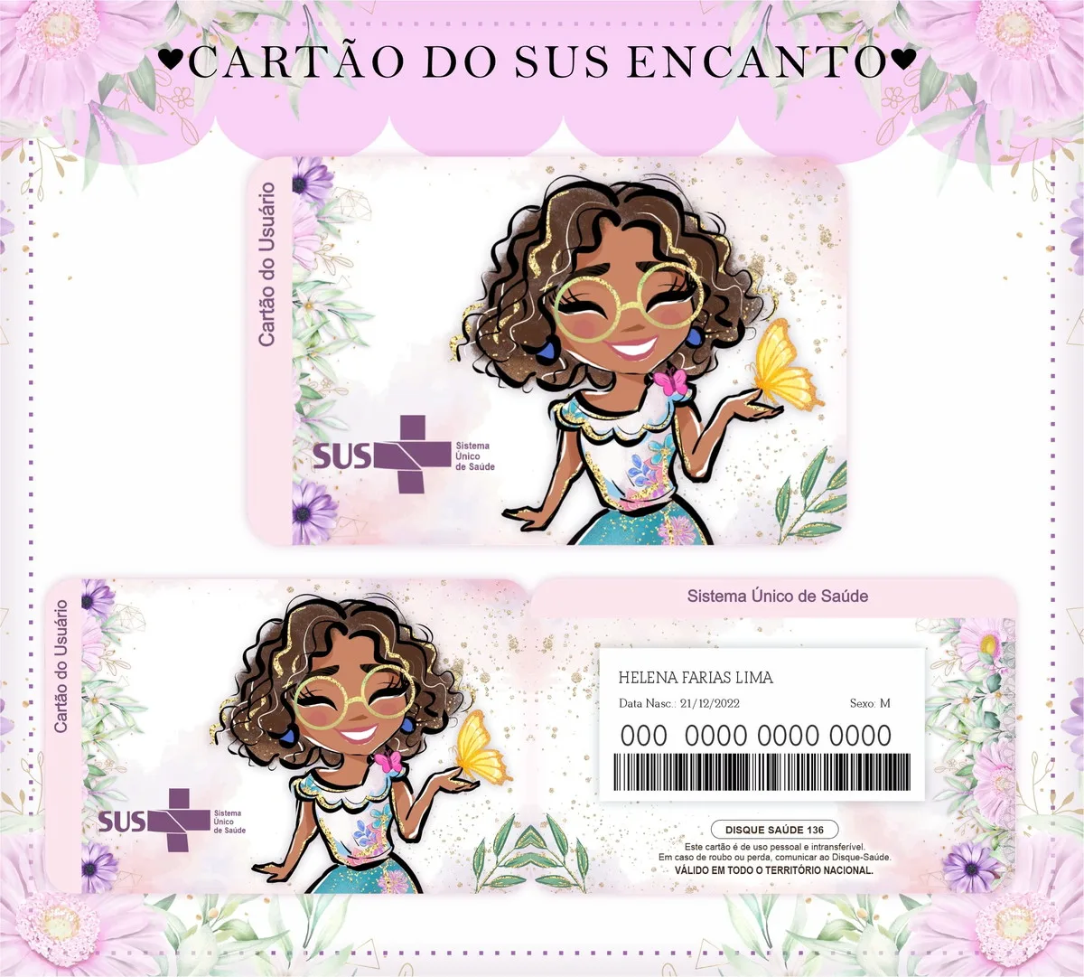 Cartão do sistema de saúde personalizado com ilustração de menina e flores roxas.