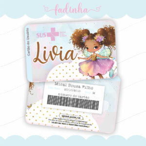 Arte digital de cartão de saúde personalizado com fada e informações.