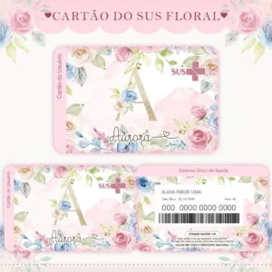 Cartão digital decorado com flores rosas e azuis contendo informações de saúde pessoal.