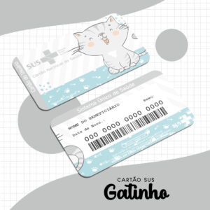 Dois cartões de saúde ilustrados com desenho de gatinho em fundo quadriculado.