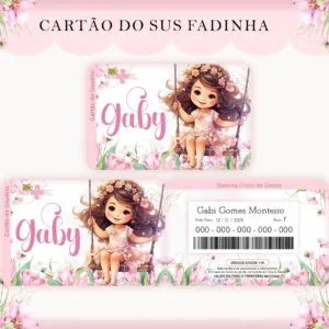 Design digital de um cartão de saúde infantil com ilustração de fadinha e flores.