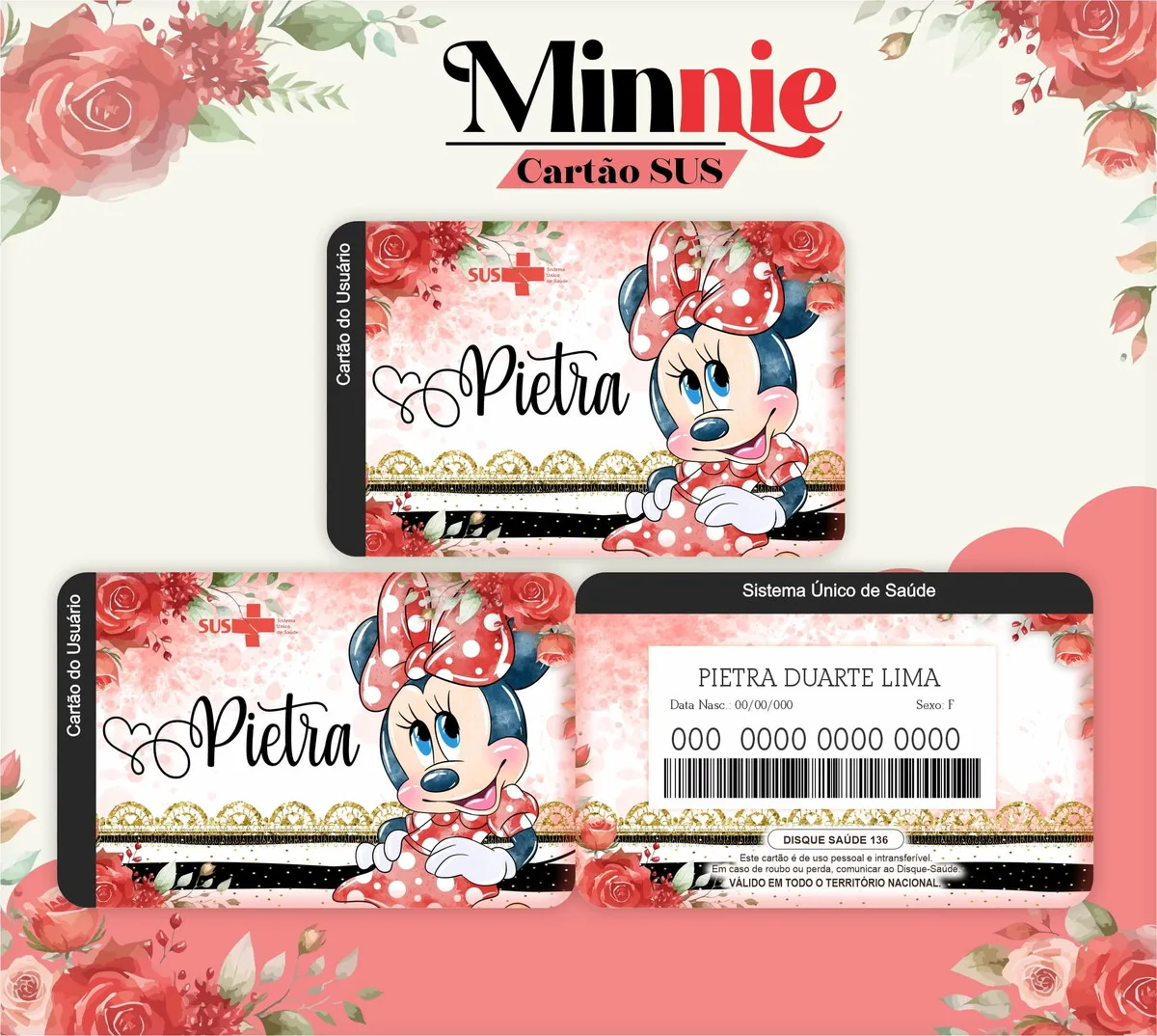 Arte digital de cartão com tema de personagem infantil e rosas vermelhas.
