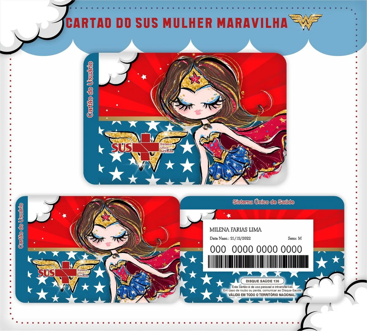 Arte digital de cartão com tema de super-herói feminino e bandeira