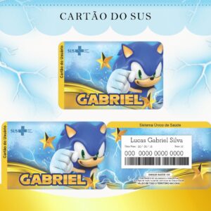 Arte digital de cartões de saúde personalizados com tema de ouriço azul.