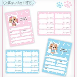 Arte digital de carteiras de vacinação para pets nas cores rosa e azul