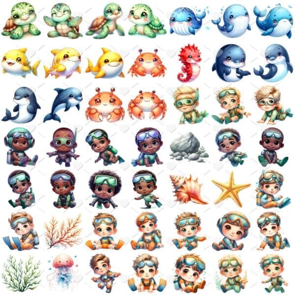 Cliparts Fundo do Mar Aquarela Imagens Png 3D Cute Menino