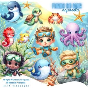 Cliparts Fundo do Mar Aquarela Imagens Png 3D Cute Menino