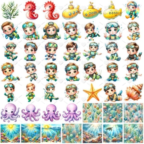 Cliparts Fundo do Mar Aquarela Imagens Png 3D Cute Menino