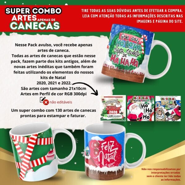 Coleção Artes Canecas Natal 2023 +140 Estampas Natalinas Png