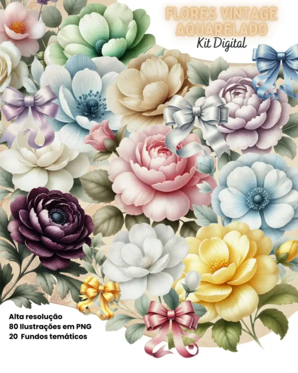 Coleção Flores Vintage - Arquivo PNG para Scrapbooking