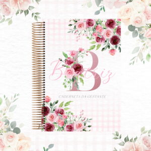 Capa digital de caderneta da gestante com estampa xadrez, flores e espiral dourada.