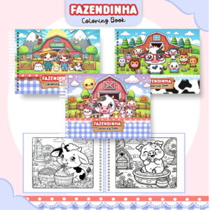 Arte digital de livros de colorir Fazendinha, com capas coloridas e páginas de animais.