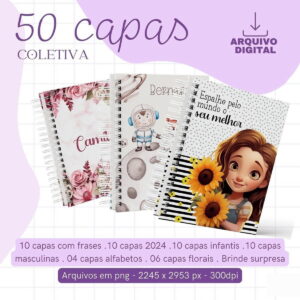 Coleção de capas digitais para cadernos com temas infantis, florais e motivacionais ilustrados.