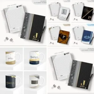 Conjunto de agendas e canecas com estampas variadas organizadas em grade.