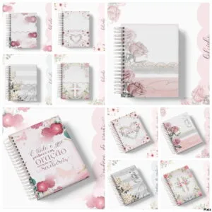 Apresentação visual com vários modelos de cadernos espiralados decorados com estampas florais e religiosas.