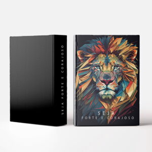 Capa de livro com ilustração geométrica colorida de um leão.