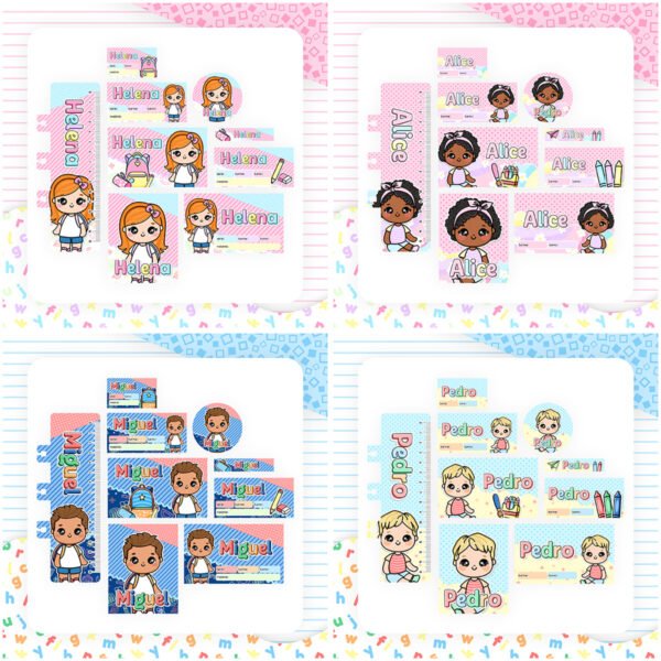 Combo Encadernação Volta às Aulas Ilustrações Etiquetas Cards