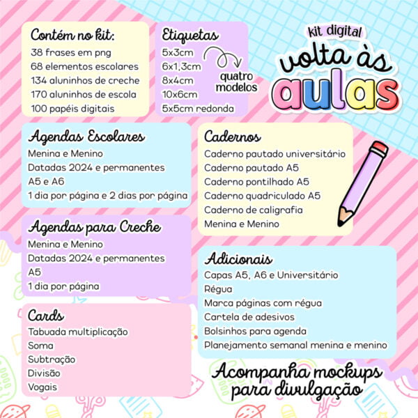 Combo Encadernação Volta às Aulas Ilustrações Etiquetas Cards