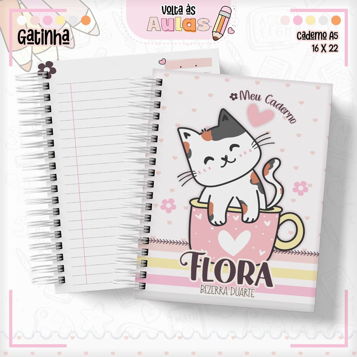 Combo Escolar Gatinha para encadernação e sublimação 1 Combo Escolar Gatinha para encadernação e sublimação