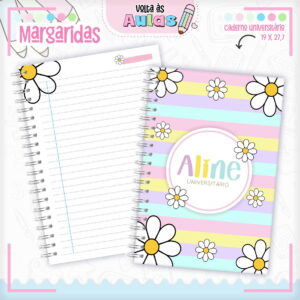Arte digital de dois cadernos universitários com capa de listras pastel e margaridas.