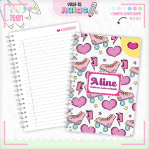Caderno universitário aberto com capa estampada de patins, corações e raios.