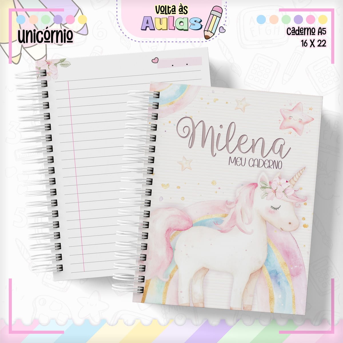 Combo Escolar Unicórnio para Encadernação e Sublimação 1 Combo Escolar Unicórnio para Encadernação e Sublimação