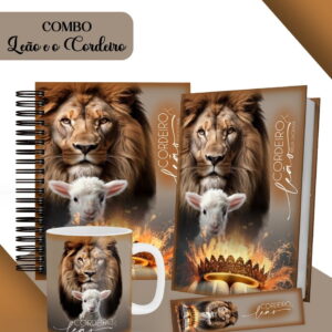 Conjunto de itens estampados com a imagem de um leão e um cordeiro.