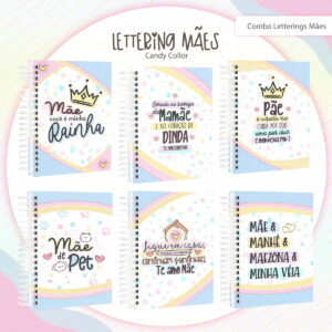 Seis cadernos espiralados com capas ilustradas com artes digitais temáticas e frases coloridas.