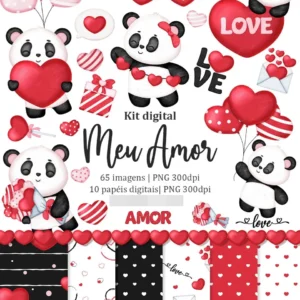 Conjunto Criativo de Pandas Apaixonados - Arte Digital