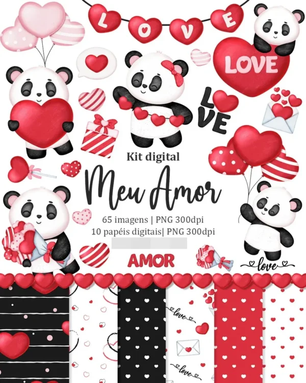 Conjunto Criativo de Pandas Apaixonados - Arte Digital