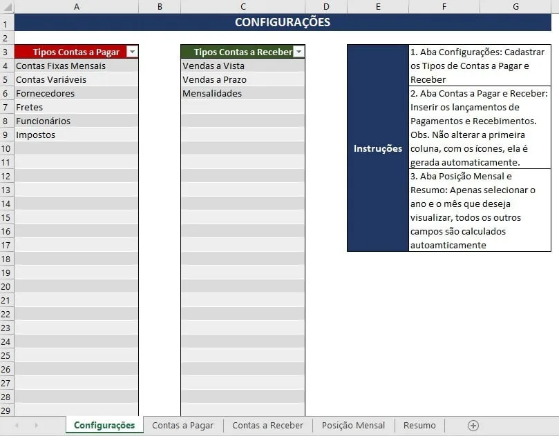 Planilha digital exibindo colunas de configuração de contas e instruções detalhadas