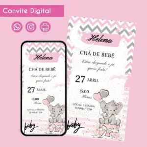 convite cha de bebe elefantinha digital personalizado