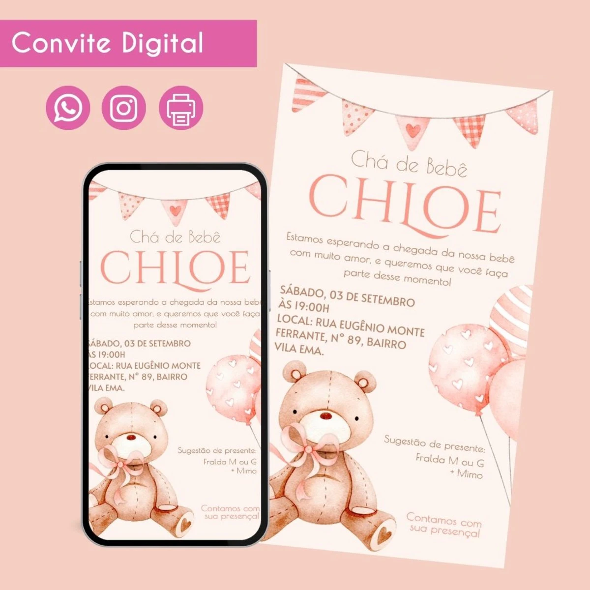 Convite Chá de Bebê Ursinho Rosinha para WhatsApp 1 Convite digital de chá de bebê com tema de urso e tons rosa