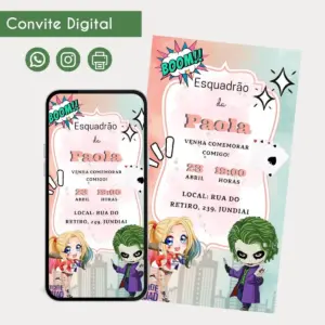 Convite de Aniversário Arlequina e Coringa Personalizado 3 Convite digital com tema de personagens ilustrados e texto informando data e local
