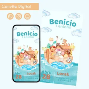 Convite Digital Arca de Noé Azul para Festa Infantil 8 Convite digital infantil com tema de arca de Noé em aquarela exibido em celular.