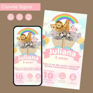 Convite digital com tema de animais da arca de Noé em tons pastéis.