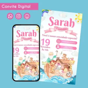 Convite digital infantil com tema de arca de Noé em tons de rosa e azul