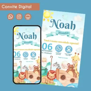 Arte digital de convite de aniversário infantil com tema de arca de Noé.