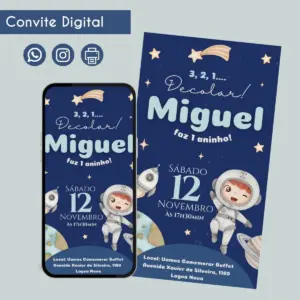 Convite digital com tema espacial exibido em um smartphone e impresso.