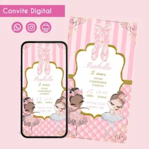 Convite digital rosa com tema de bailarina exibido em um celular
