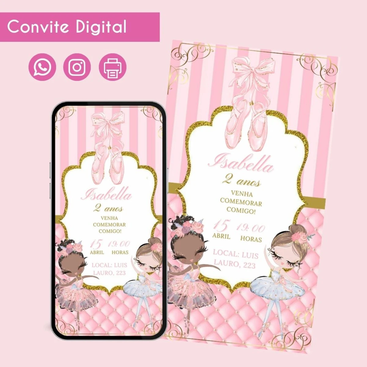 Convite Digital Bailarina para Aniversario de Menina 1 Convite digital rosa com tema de bailarina exibido em um celular