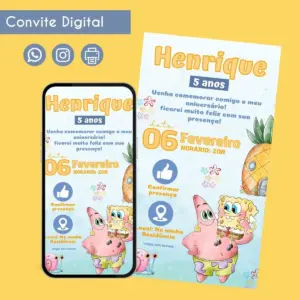 convite digital bob esponja personalizado para festa