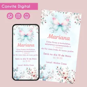 Convite Digital Borboletas para Aniversário Infantil 11 Arte digital de convite de aniversário infantil com tema de borboletas e flores