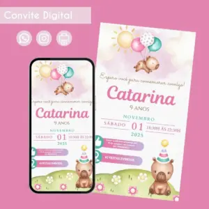 Convite digital infantil com tema de ursinho e balões em fundo rosa.