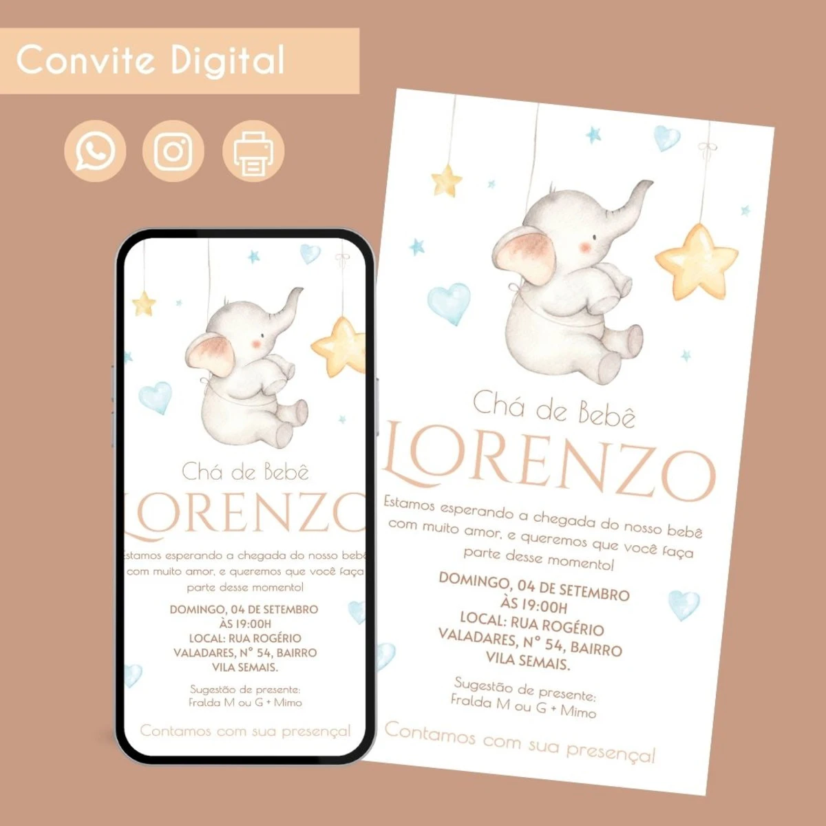 Convite Digital Chá de Bebê Elefante Personalizado 1 Convite digital de chá de bebê com elefante e estrelas penduradas.